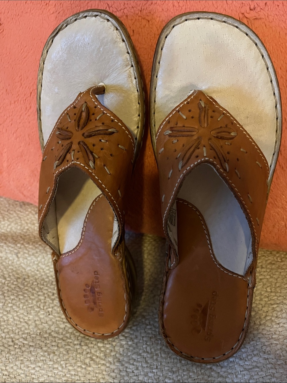 Spring Step Tan Leather Slip-On Wedge Sandals